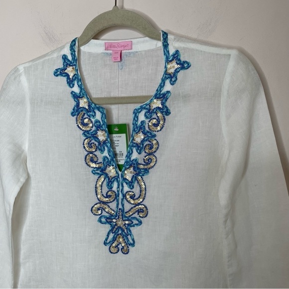 Lilly Pulitzer Amelia Embroidered Beaded Linen Island Tunic White Blue XXS NWT - Picture 3 of 9